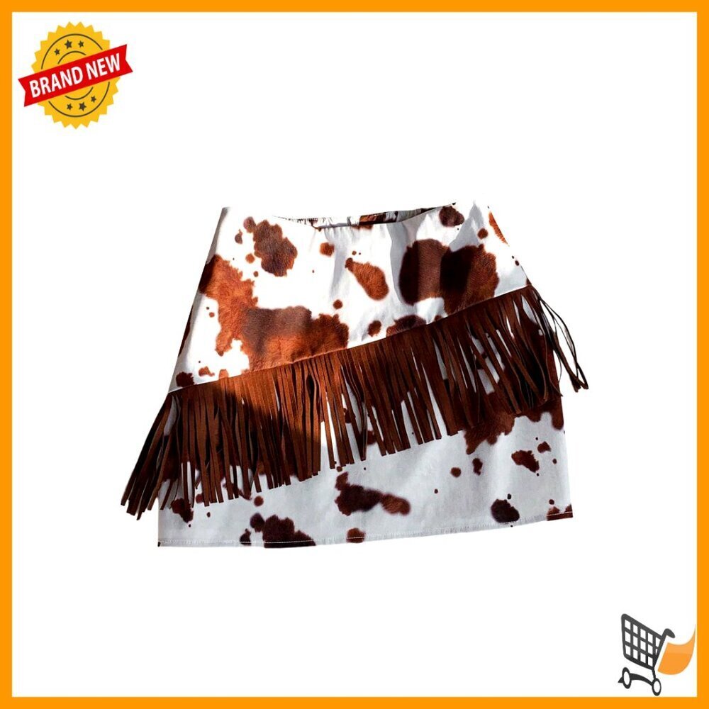 Cow Print Fringe Mini Skirt Western Y2K Chic Concert Party Outfit